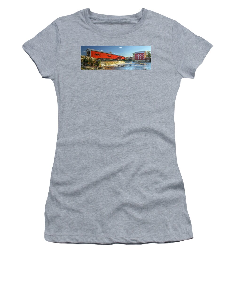 Bridgeton Women's T-Shirt featuring the photograph Bridgeton Bridge and Mill by Harold Rau