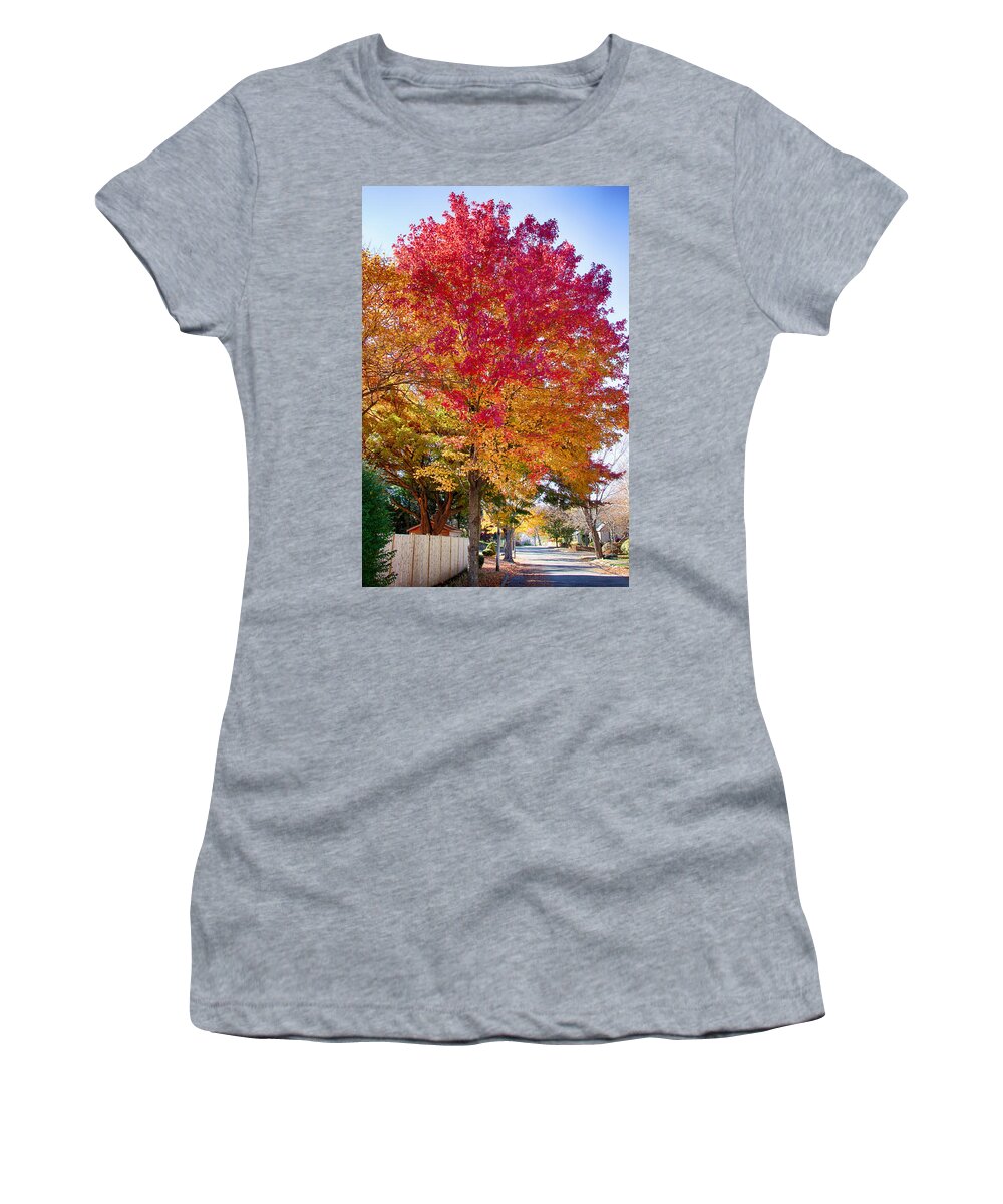 Marblehead Women's T-Shirt featuring the photograph brilliant autumn colors on a Marblehead street by Jeff Folger