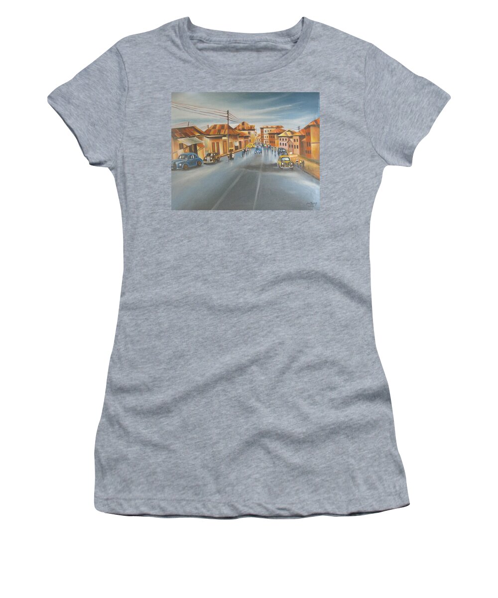 Blue Women's T-Shirt featuring the painting Broad street lagos 1951 by Olaoluwa Smith