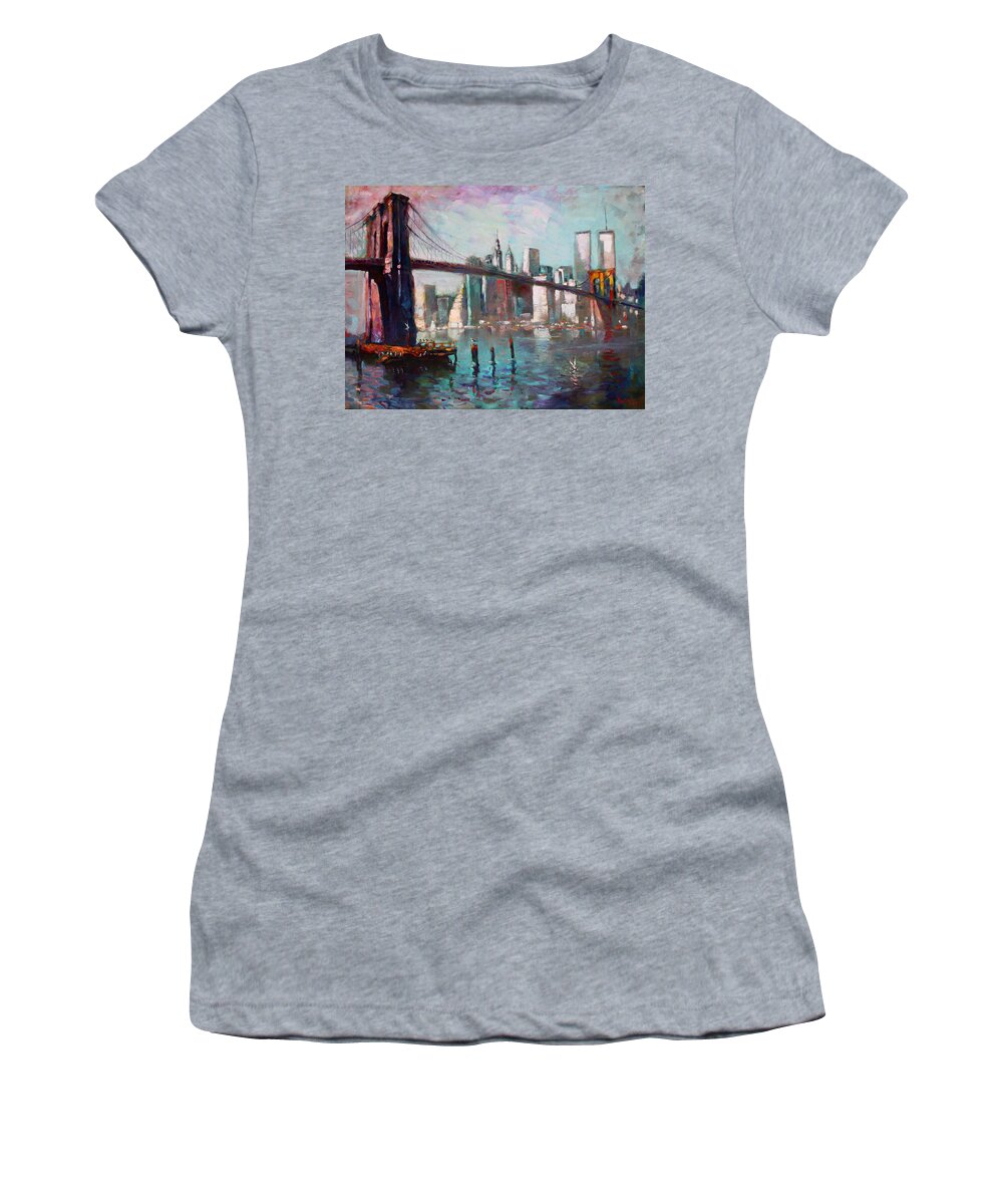 Brooklyn Bridge Women's T-Shirt featuring the painting Brooklyn Bridge and Twin Towers by Ylli Haruni