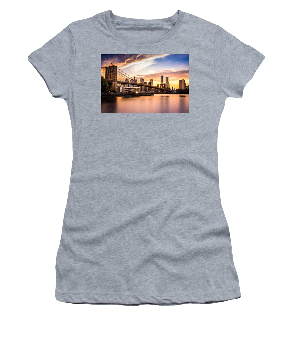 America Women's T-Shirt featuring the photograph Brooklyn Bridge at sunset by Mihai Andritoiu
