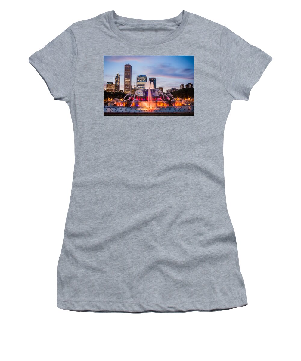 Buckingham Fountain Women's T-Shirt featuring the photograph Buckingham Fountain and the Chicago Skyline by Anthony Doudt