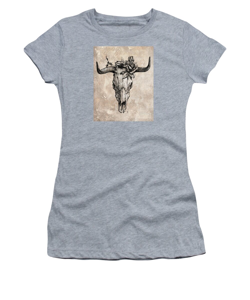 Bull Skull Women's T-Shirt featuring the drawing Bull Skull and Rose by Emerico Imre Toth
