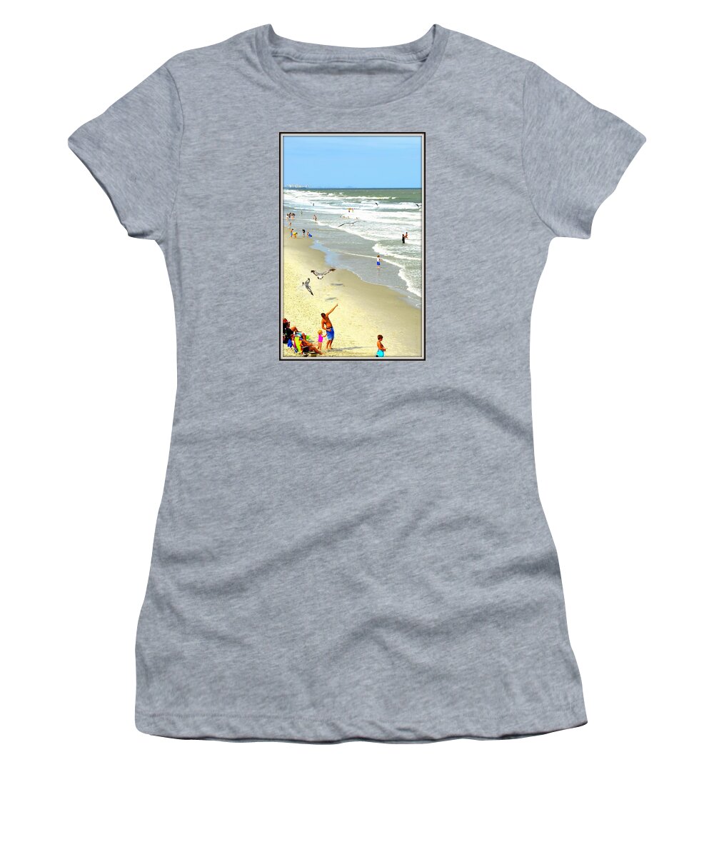 Beach Women's T-Shirt featuring the photograph But Daddy Why Cant I Feed The Birds by Kathy Barney