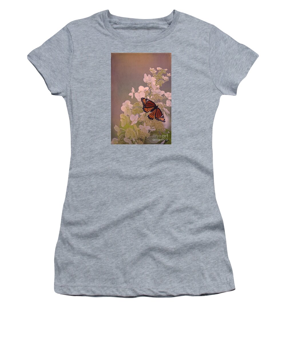 Viceroy Butterfly. White Flower Women's T-Shirt featuring the photograph Butterfly Glow by Elizabeth Winter