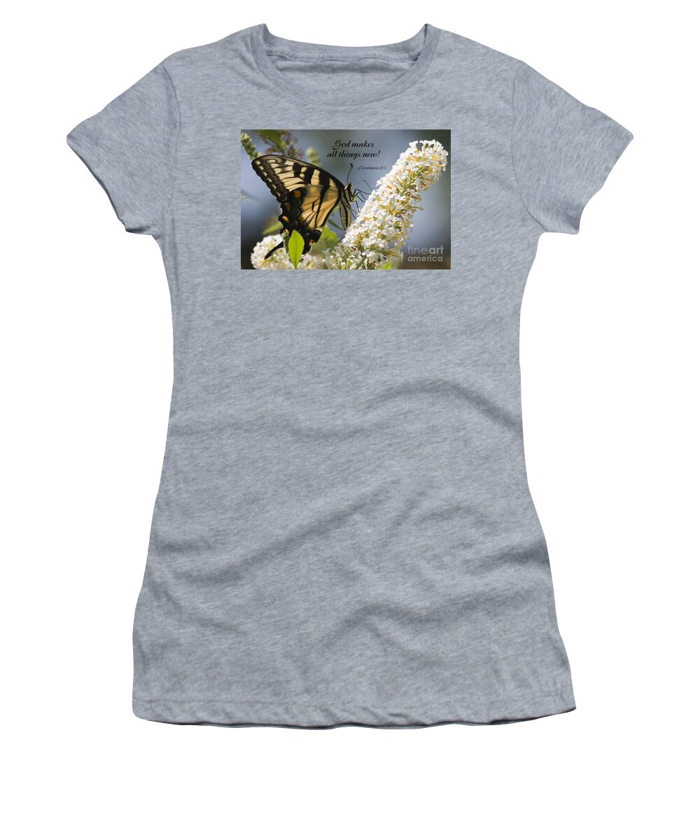 Swallowtail Women's T-Shirt featuring the photograph Butterfly on White Bush with Scripture by Jill Lang