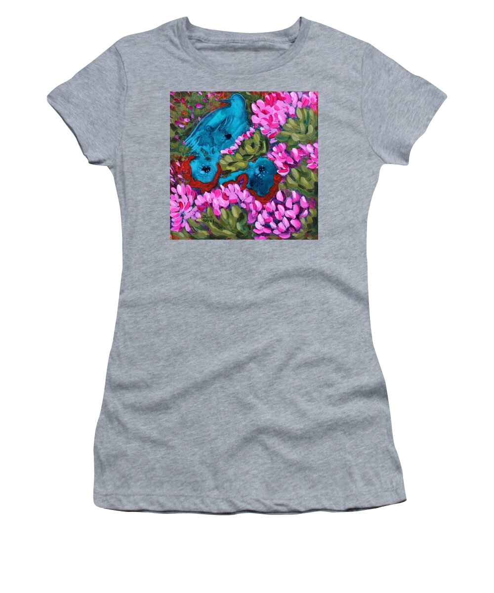 Bluebird Women's T-Shirt featuring the painting Cactus flower blue bird dream by Jaime Haney