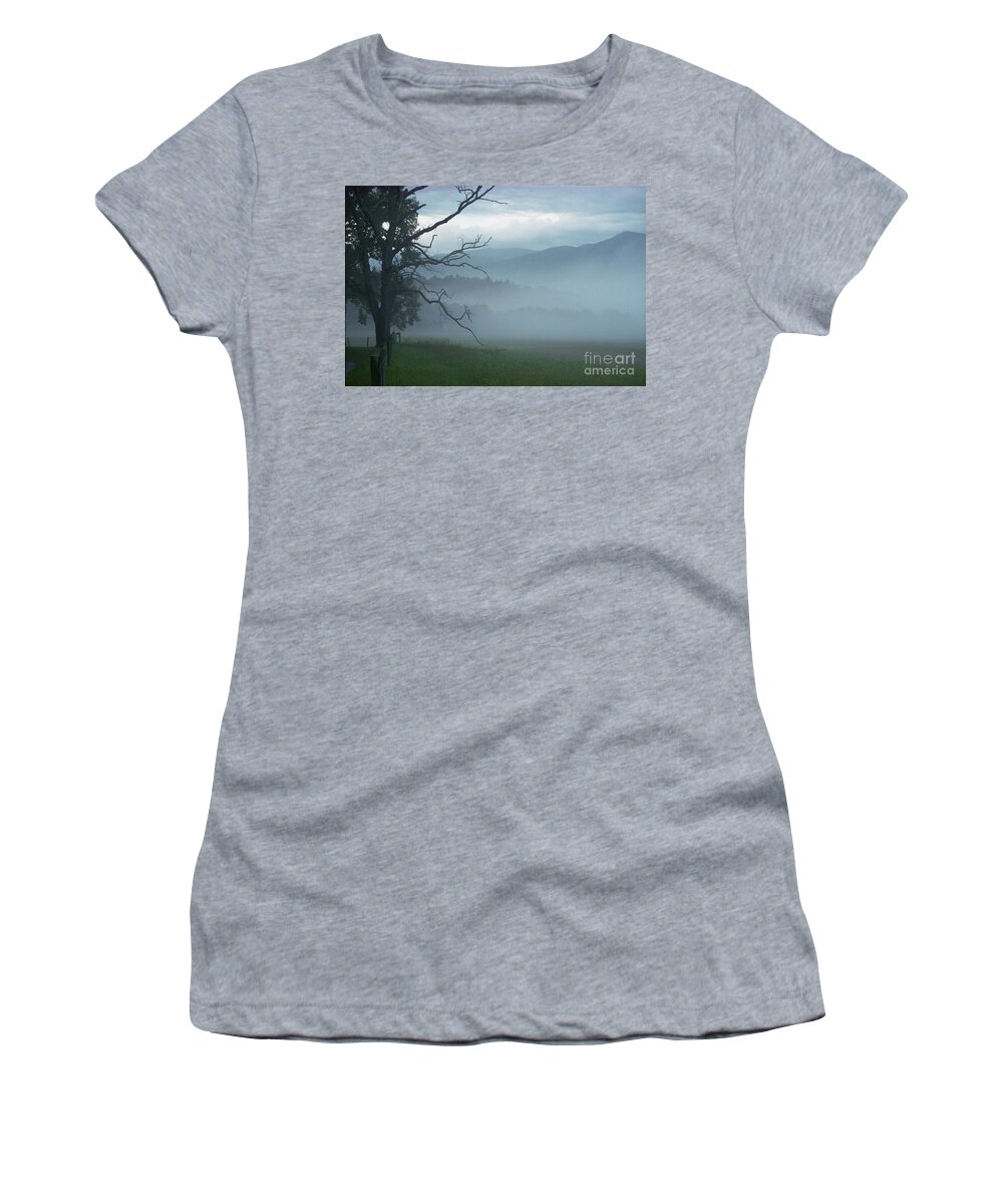 Green Women's T-Shirt featuring the photograph Cades Cove Fog Sunrise by Teri Atkins Brown