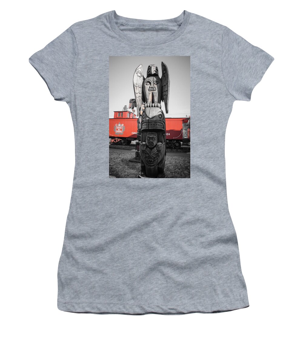 Totem Women's T-Shirt featuring the photograph Canadian Totem and Railway by Roxy Hurtubise