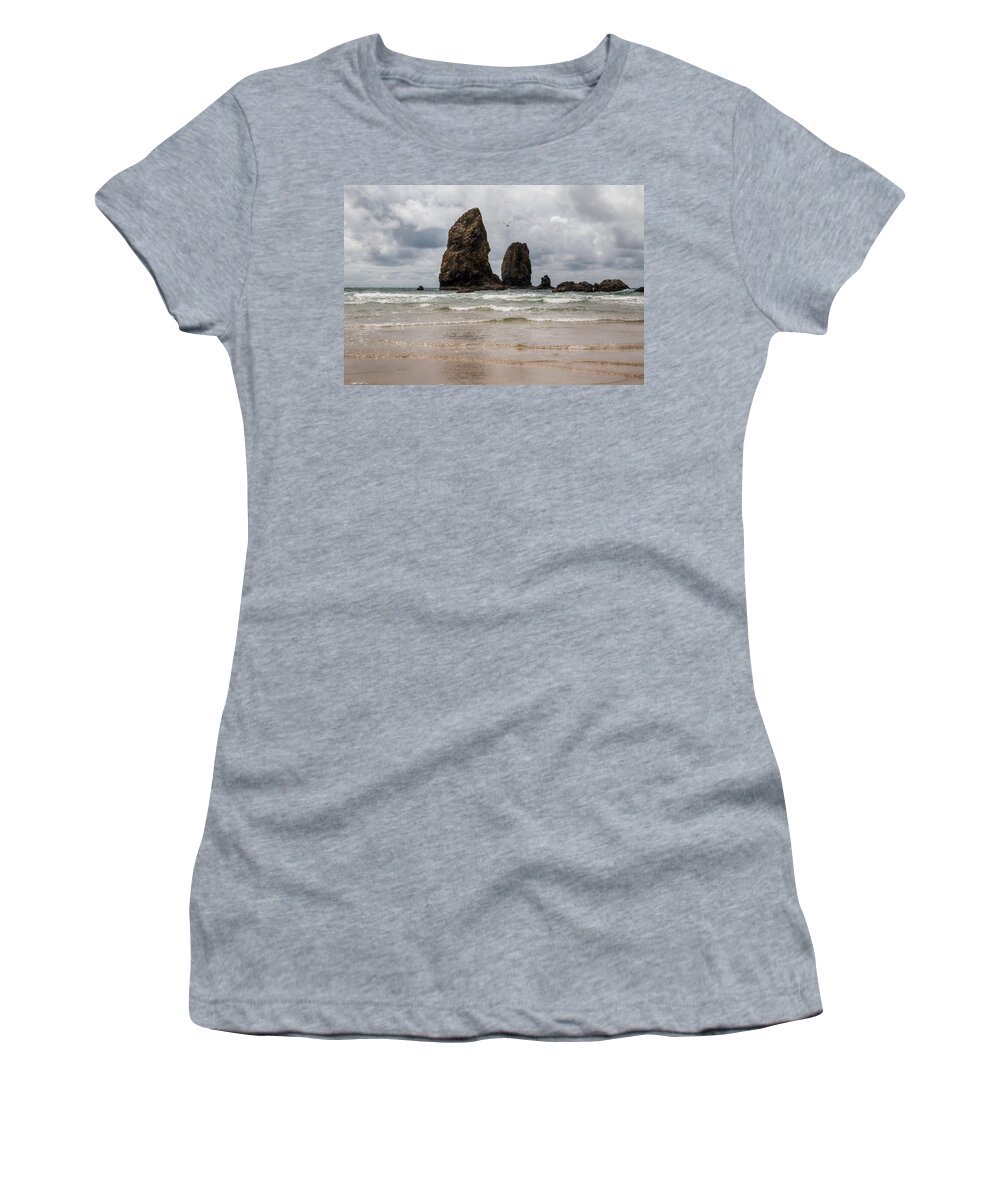 Cannon Beach Women's T-Shirt featuring the photograph Cannon Beach Clouds 0068 by Kristina Rinell