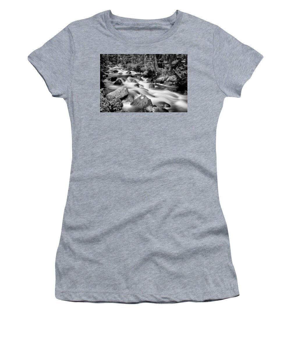 Mountain Stream Women's T-Shirt featuring the photograph Cascading Rocky Mountain Forest Creek BW by James BO Insogna