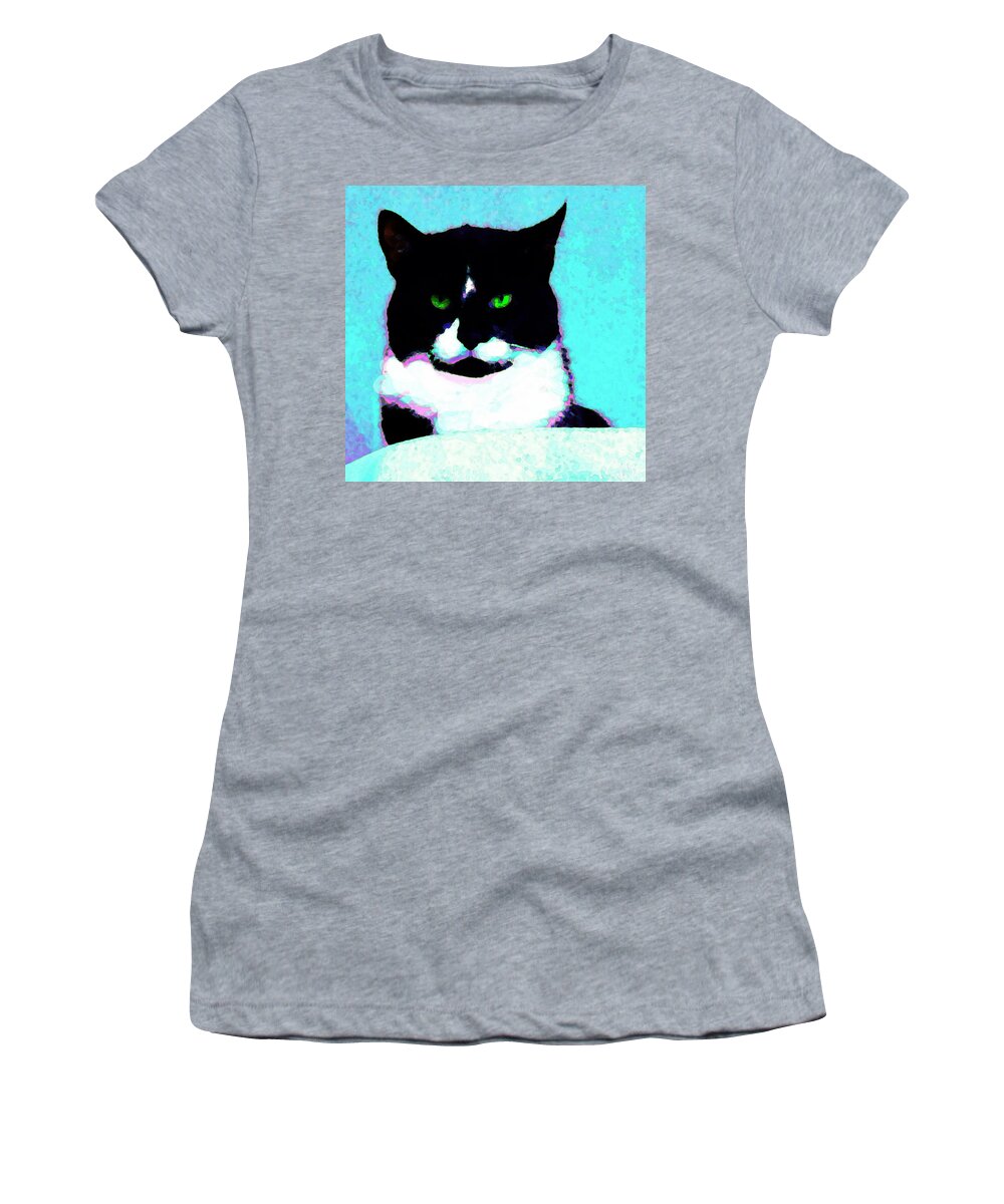 Cat Black And White Tuxedo Cat With Green Eyes Women's T-Shirt featuring the digital art Cat with Green eyes by Priscilla Batzell Expressionist Art Studio Gallery