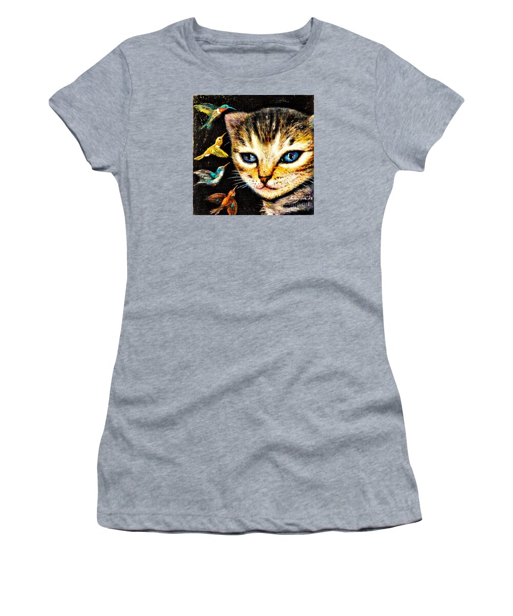 Cat Women's T-Shirt featuring the painting Cat with Hummingbirds by Shijun Munns