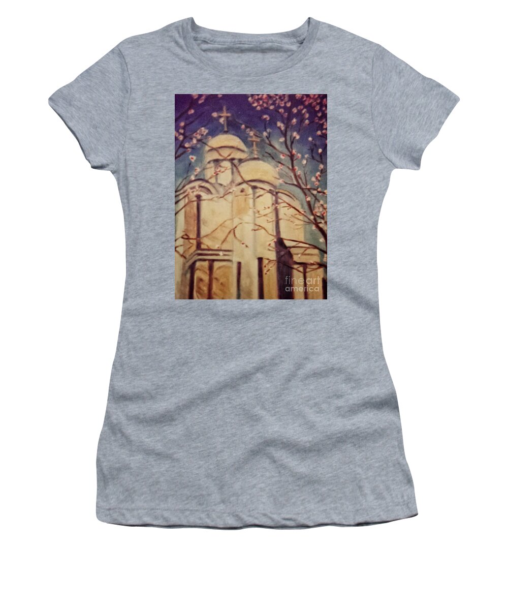Dc Women's T-Shirt featuring the painting Cathedral at Springtime by Karen Francis