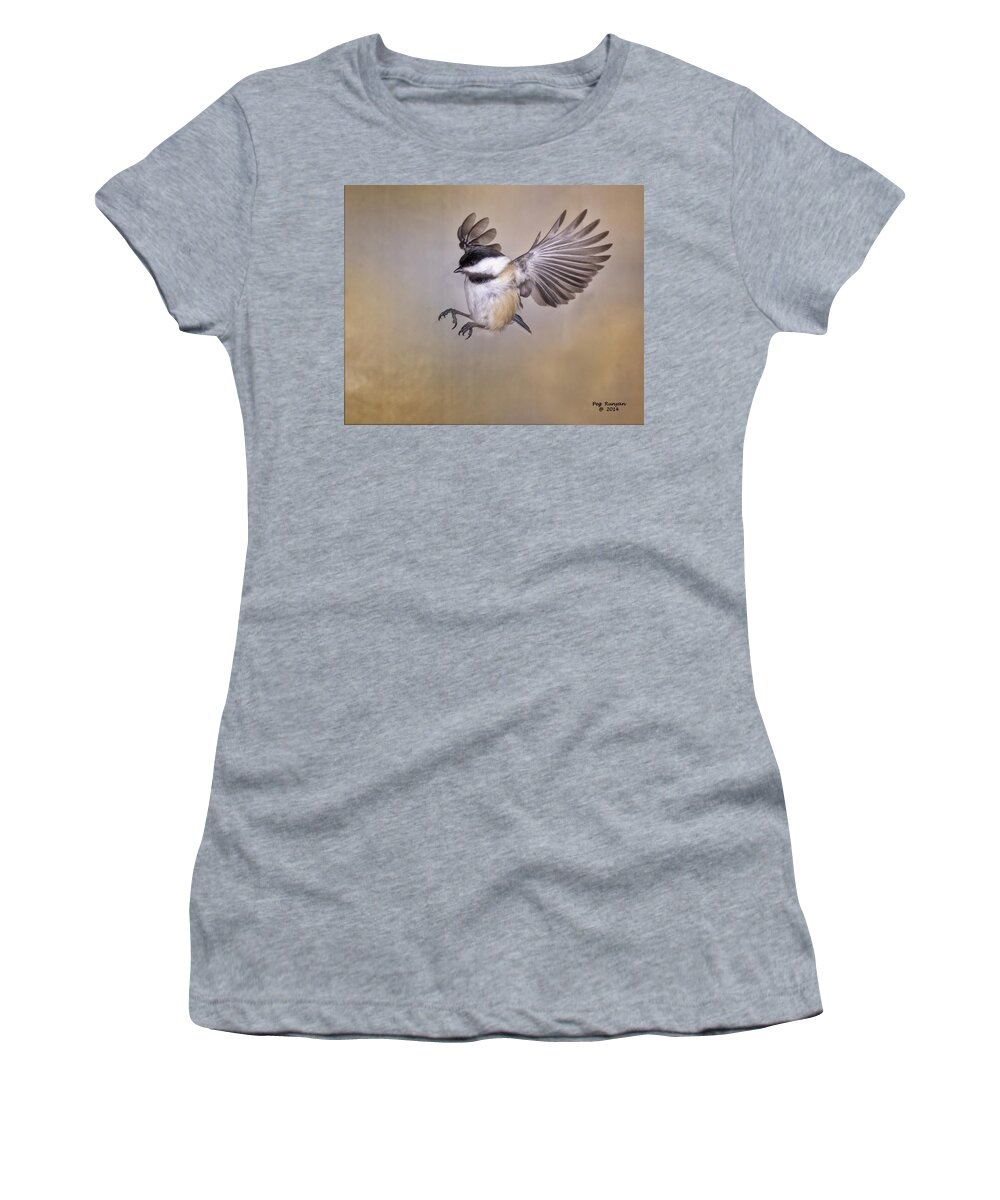 Chickadee In Flight Women's T-Shirt featuring the photograph Cheery Chickadee by Peg Runyan