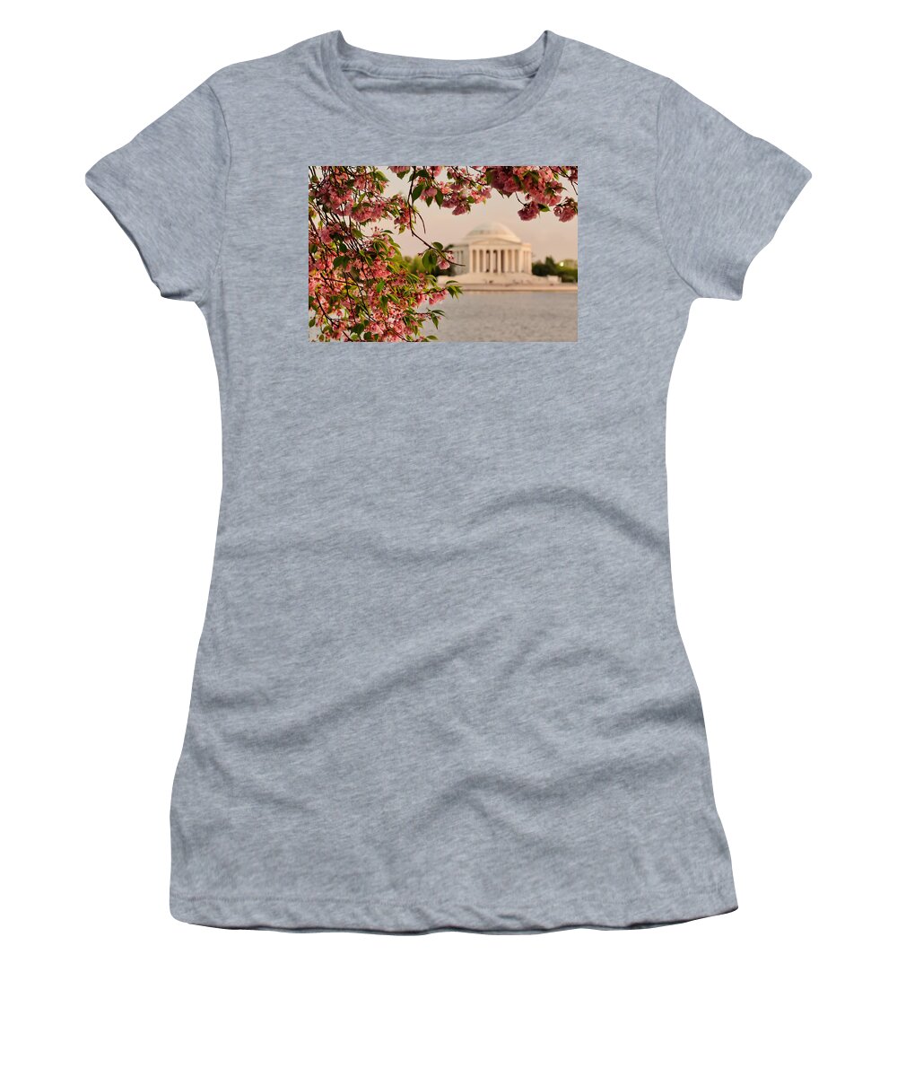 America Women's T-Shirt featuring the photograph Cherry Blossoms Framing the Jefferson Memorial by Mitchell R Grosky