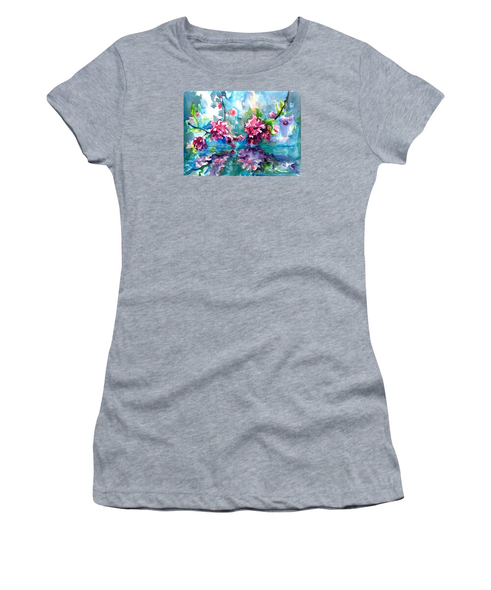 Watercolor Women's T-Shirt featuring the painting Cherry Tree Blossom Mirroring in Water by Tiberiu Soos