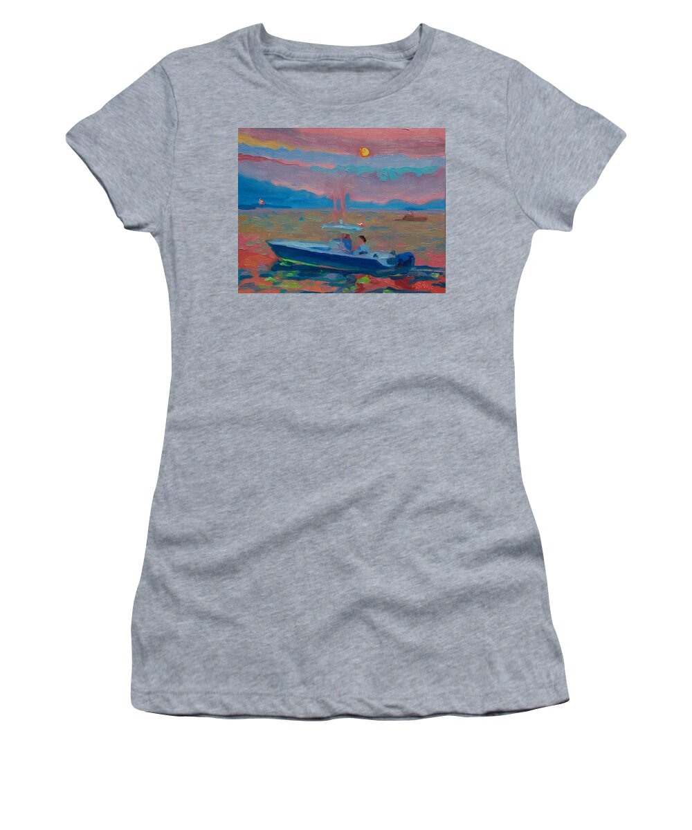 Chesapeake Bay Twilight With Moon Boat Couple On Boat Colors Blue And Purple And Yellow Women's T-Shirt featuring the painting Chesapeake Bay Twilight with Moon xx by Thomas Bertram POOLE