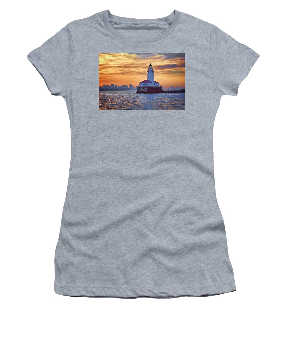 Chicago Women's T-Shirt featuring the digital art Chicago Lighthouse Impression by John Hansen
