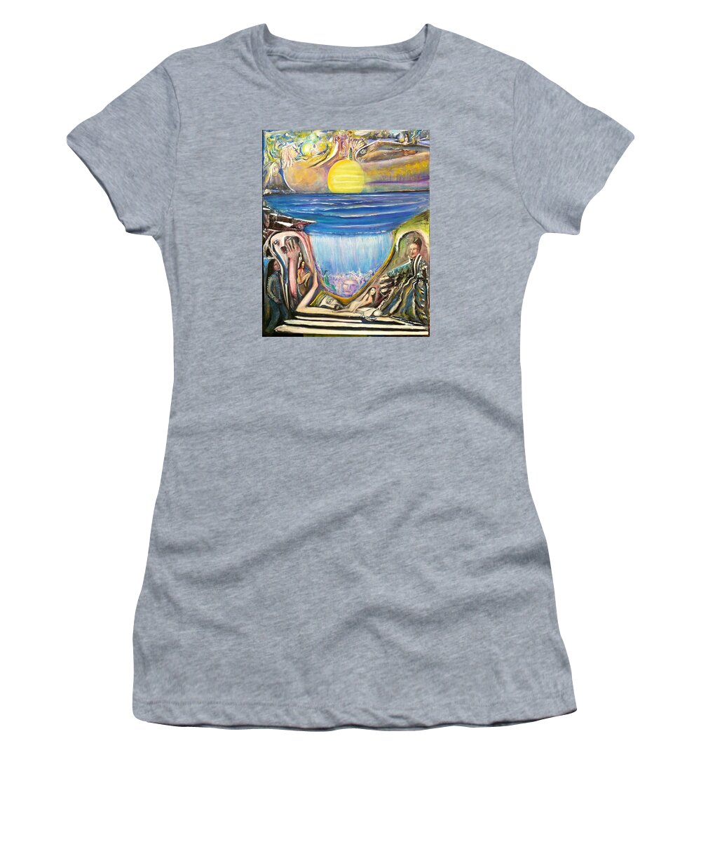 Landscape Women's T-Shirt featuring the painting Children Walking on the Sun and Visiting Earth by Kicking Bear Productions