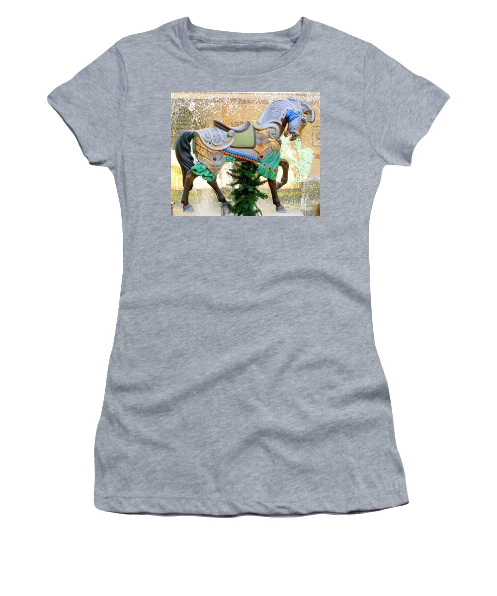 Carousel Women's T-Shirt featuring the photograph Christmas Carousel Warrior Horse-1 by Mary Deal