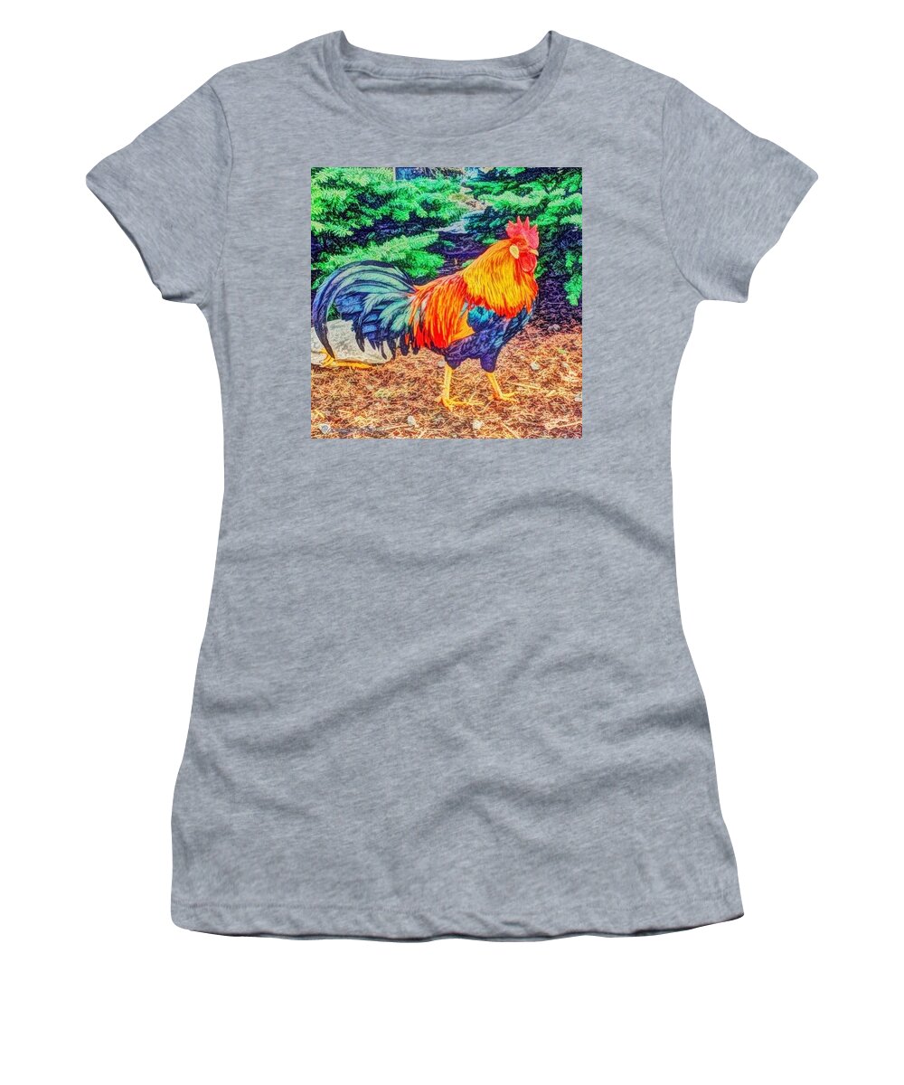 Global_nature Women's T-Shirt featuring the photograph Christmas Rooster, Painteresque Edit Of by Anna Porter