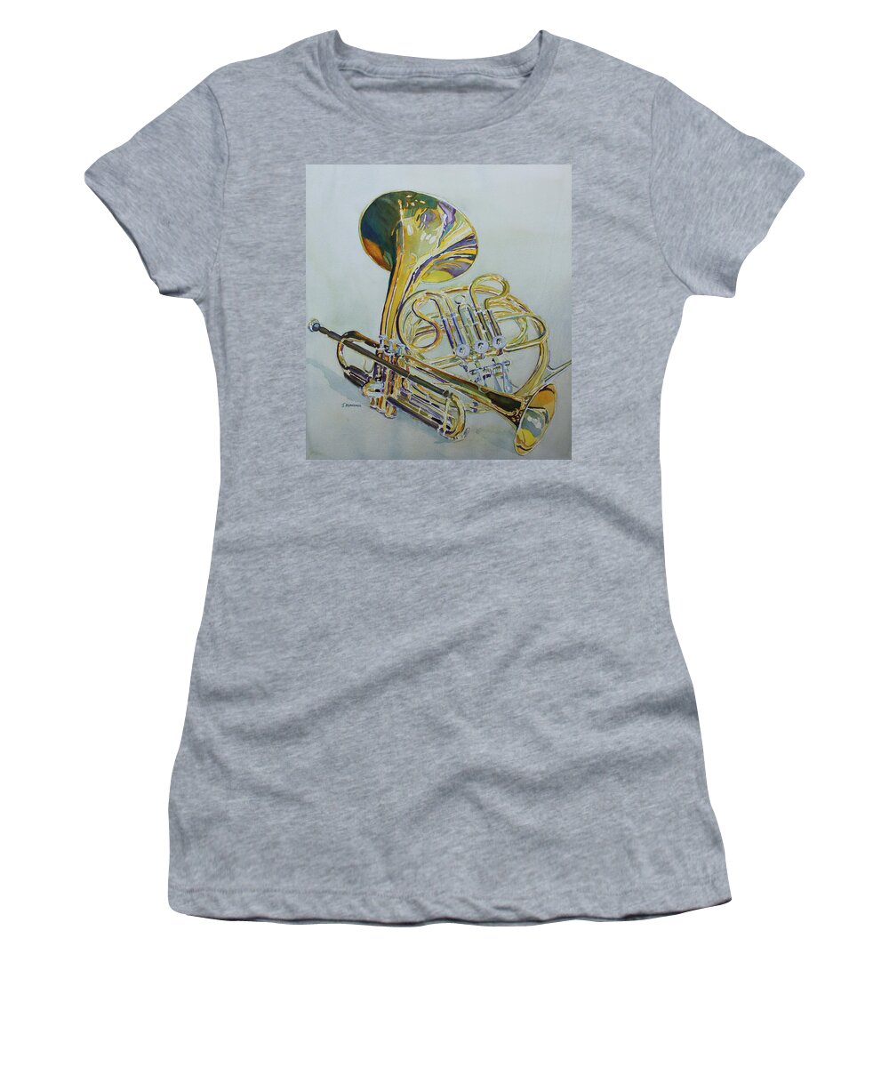 French Horn Women's T-Shirt featuring the painting Classic Brass by Jenny Armitage