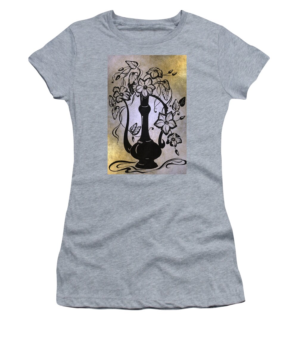 Clematis Women's T-Shirt featuring the drawing Clematises in Indian Pitcher. Golden by Jenny Rainbow
