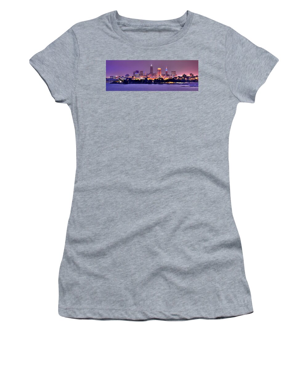#faatoppicks Women's T-Shirt featuring the photograph Cleveland Skyline at Night Evening Panorama by Jon Holiday