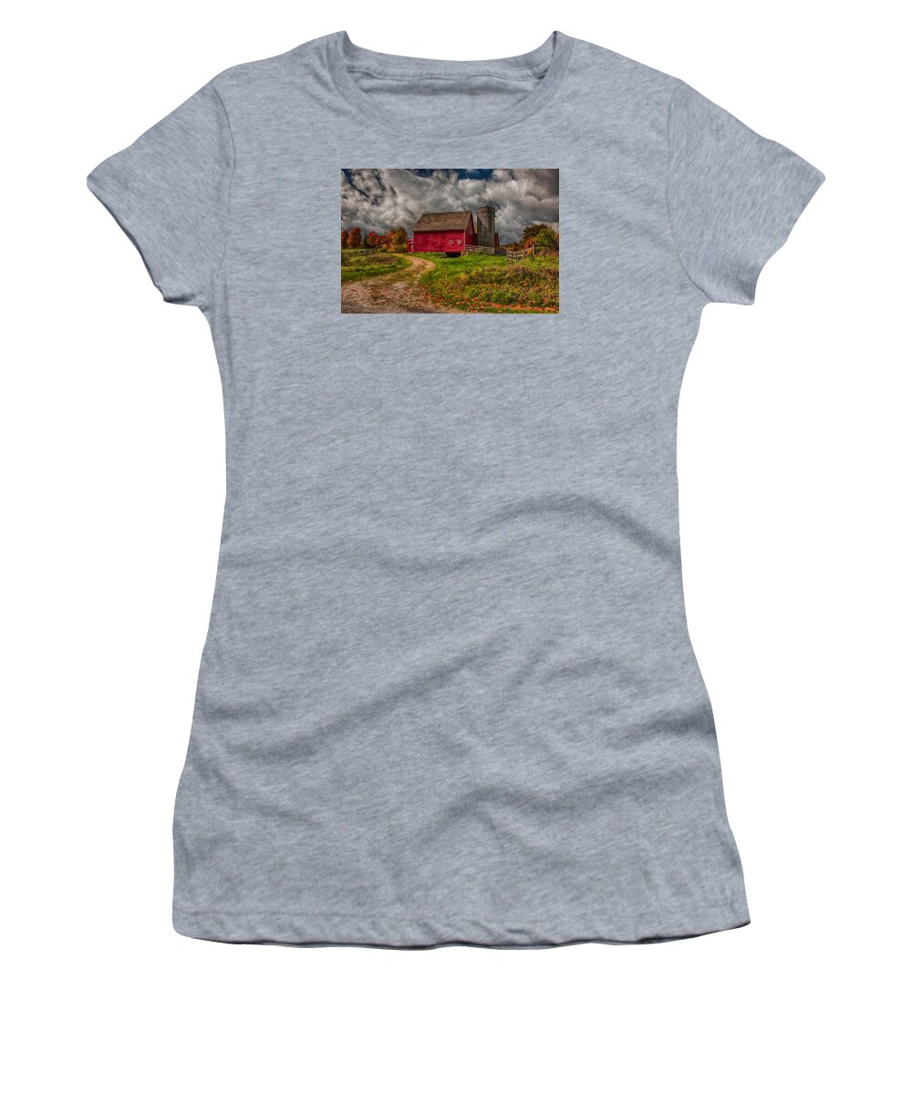 Autumn Foliage New England Women's T-Shirt featuring the photograph Clouds over rustic Vermont farm by Jeff Folger