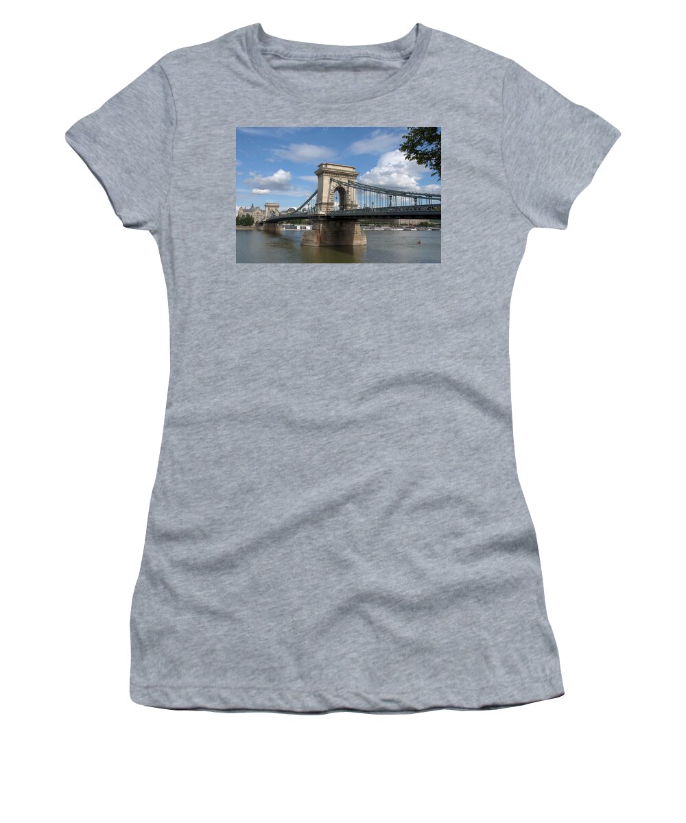 Budapest Women's T-Shirt featuring the photograph Clouds Sky Water and Bridge by Caroline Stella