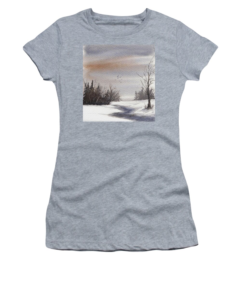 Cloudy Winter Day Women's T-Shirt featuring the painting Cloudy Winter Day by Rebecca Davis