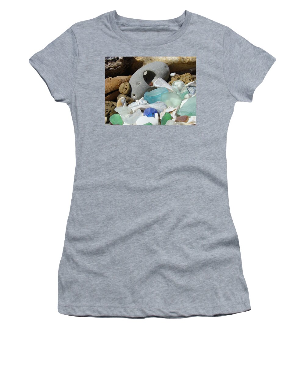 Seaglass Women's T-Shirt featuring the photograph Coastal Beach art Prints Blue Seaglass Fossils Shells by Patti Baslee
