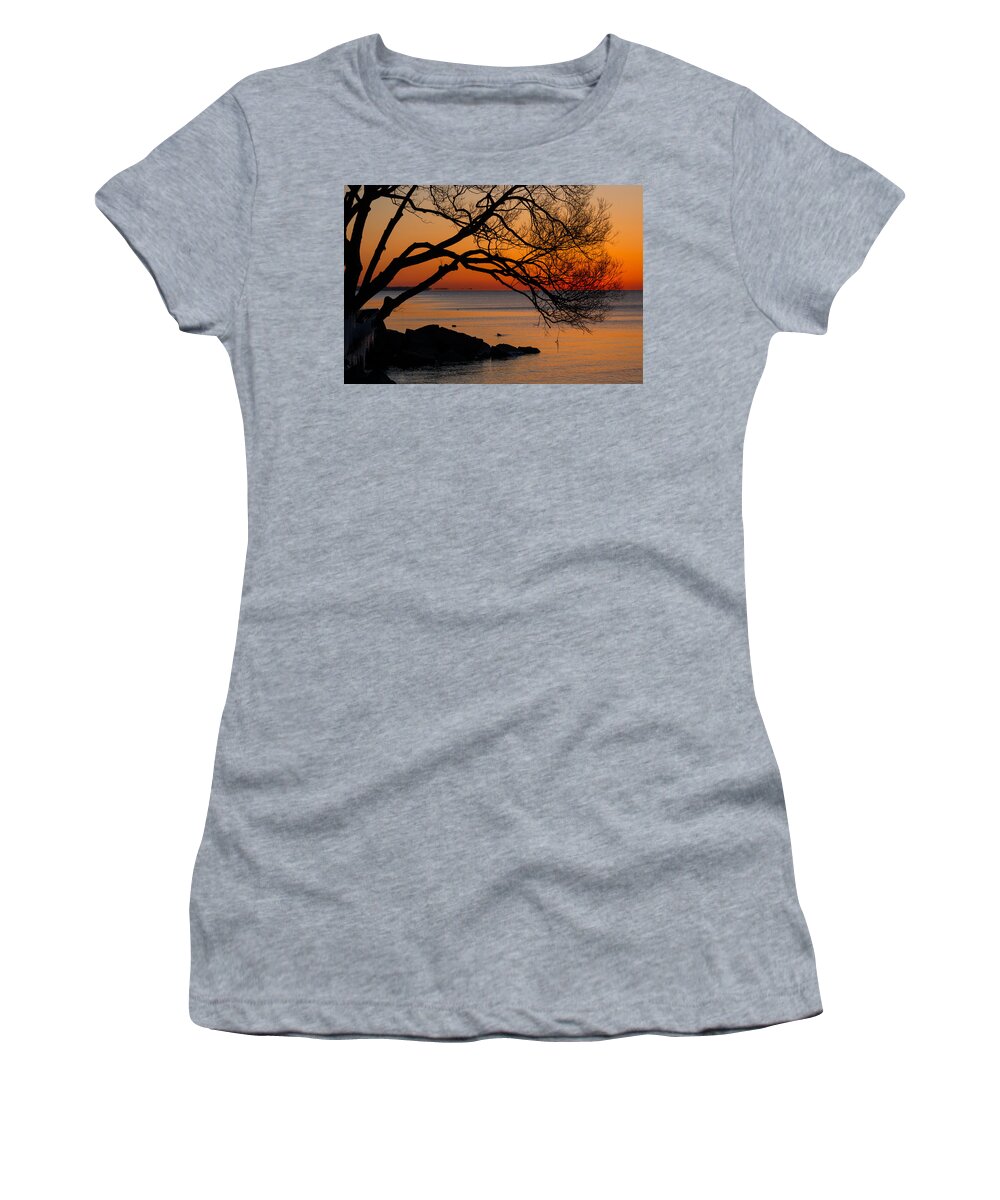 Colorful Quiet Sunrise Women's T-Shirt featuring the photograph Colorful Quiet Sunrise on Lake Ontario in Toronto by Georgia Mizuleva