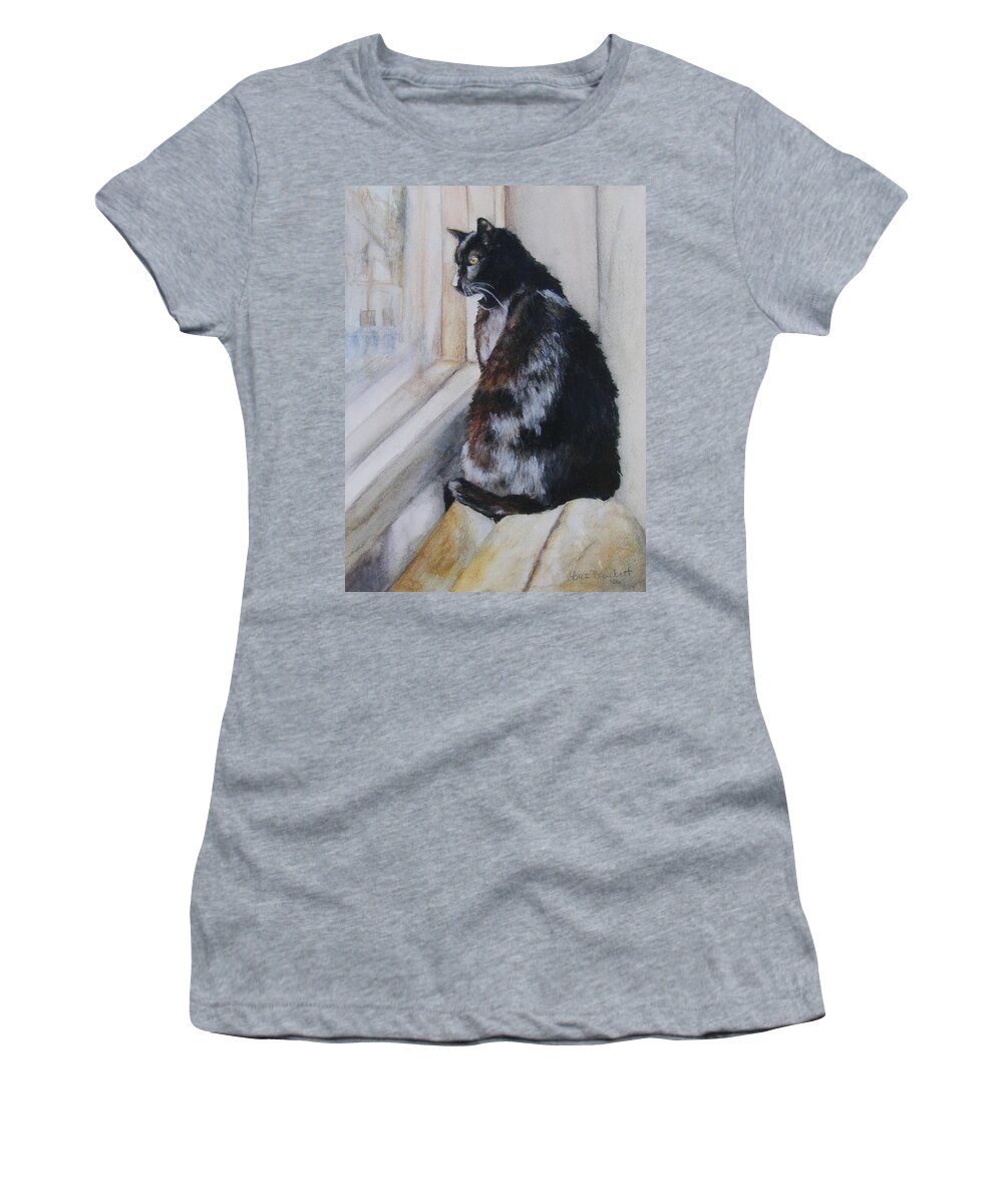 Cat Women's T-Shirt featuring the drawing Couch Potato by Lori Brackett