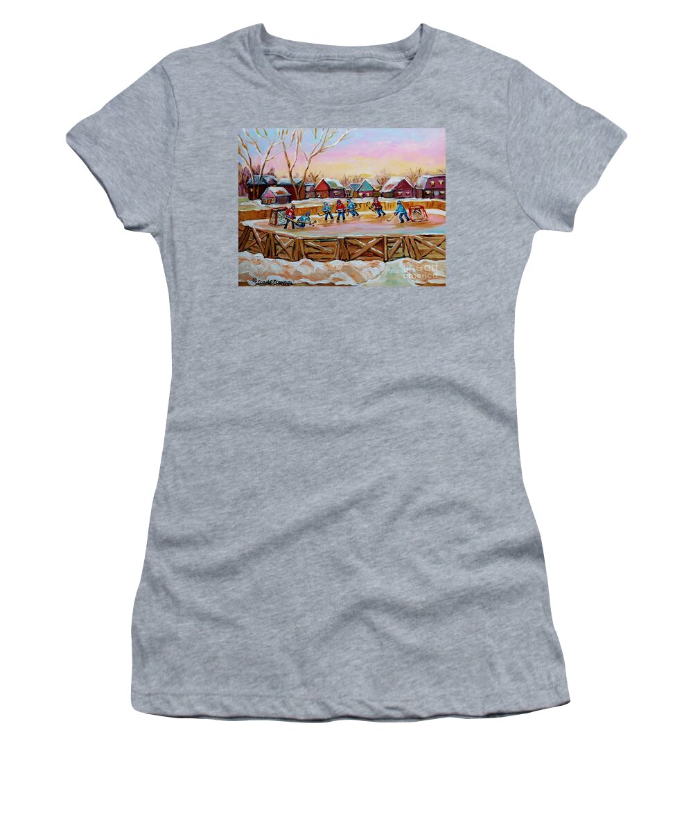 Country Hockey Rink Women's T-Shirt featuring the painting Country Scene Painting Outdoor Hockey Rink Canadian Landscape Winter Art Carole Spandau by Carole Spandau