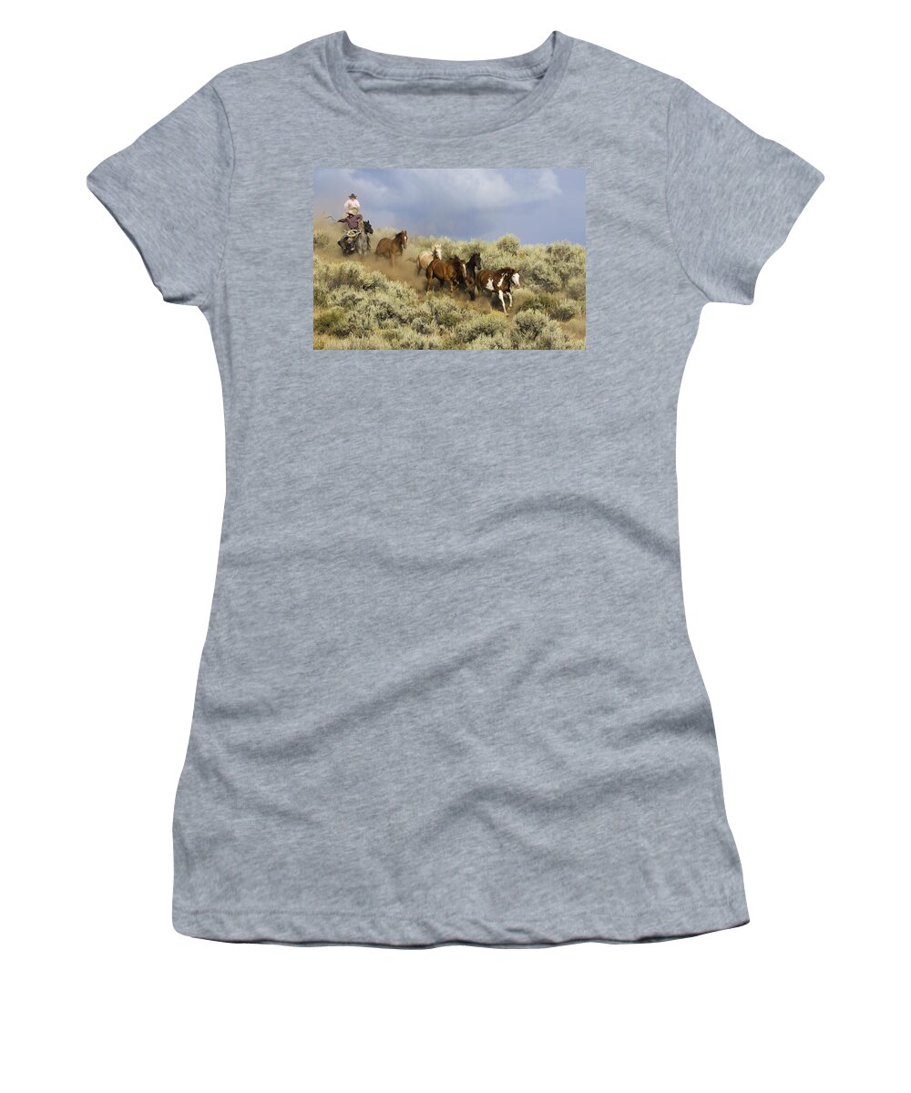 Feb0514 Women's T-Shirt featuring the photograph Cowboys Herding Horses Through Sagebrush by Konrad Wothe