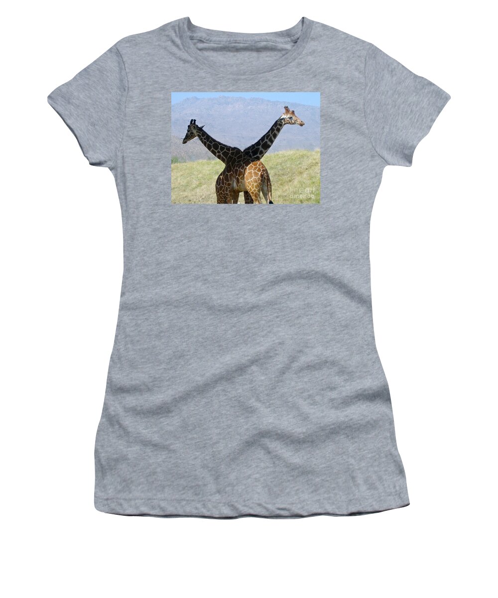 2 Giraffes Women's T-Shirt featuring the photograph Crossed Giraffes by Phyllis Kaltenbach