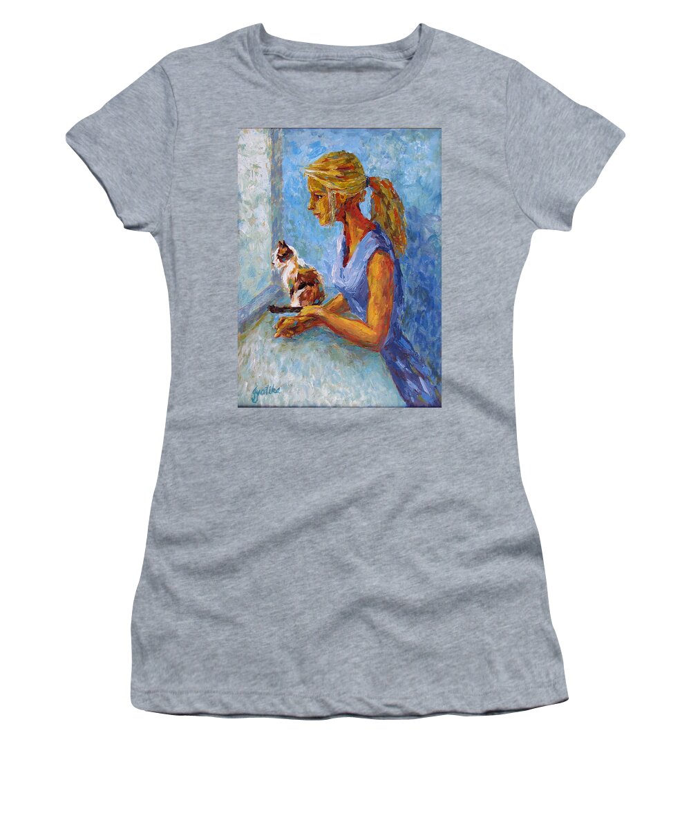 Girl And Cat Women's T-Shirt featuring the painting Curiosity by Jyotika Shroff