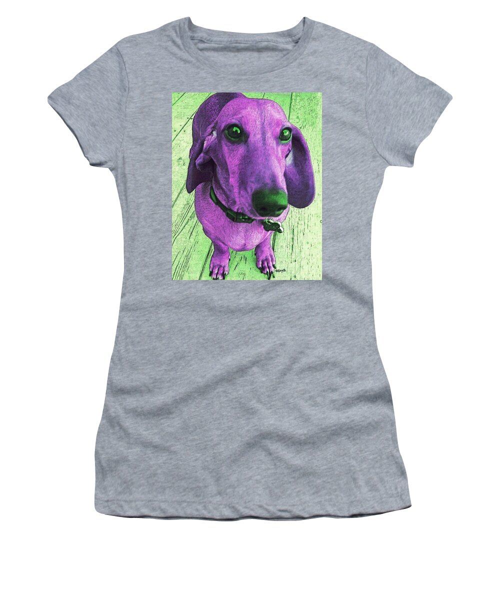 Dachshund Women's T-Shirt featuring the photograph Dachshund - Purple People Greeter by Rebecca Korpita
