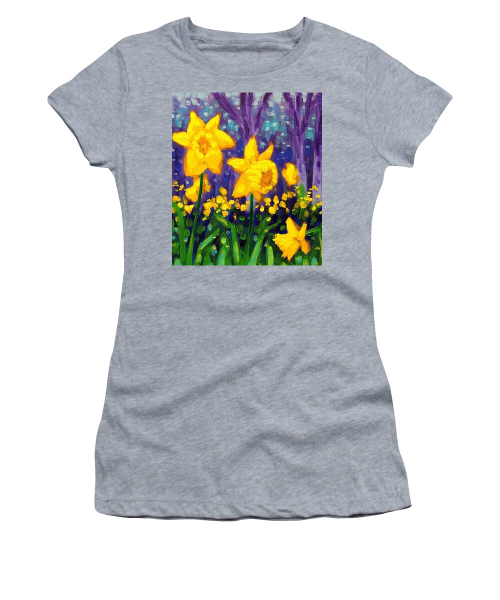 Acrylic Women's T-Shirt featuring the painting Dancing Daffodils  cropped by John Nolan