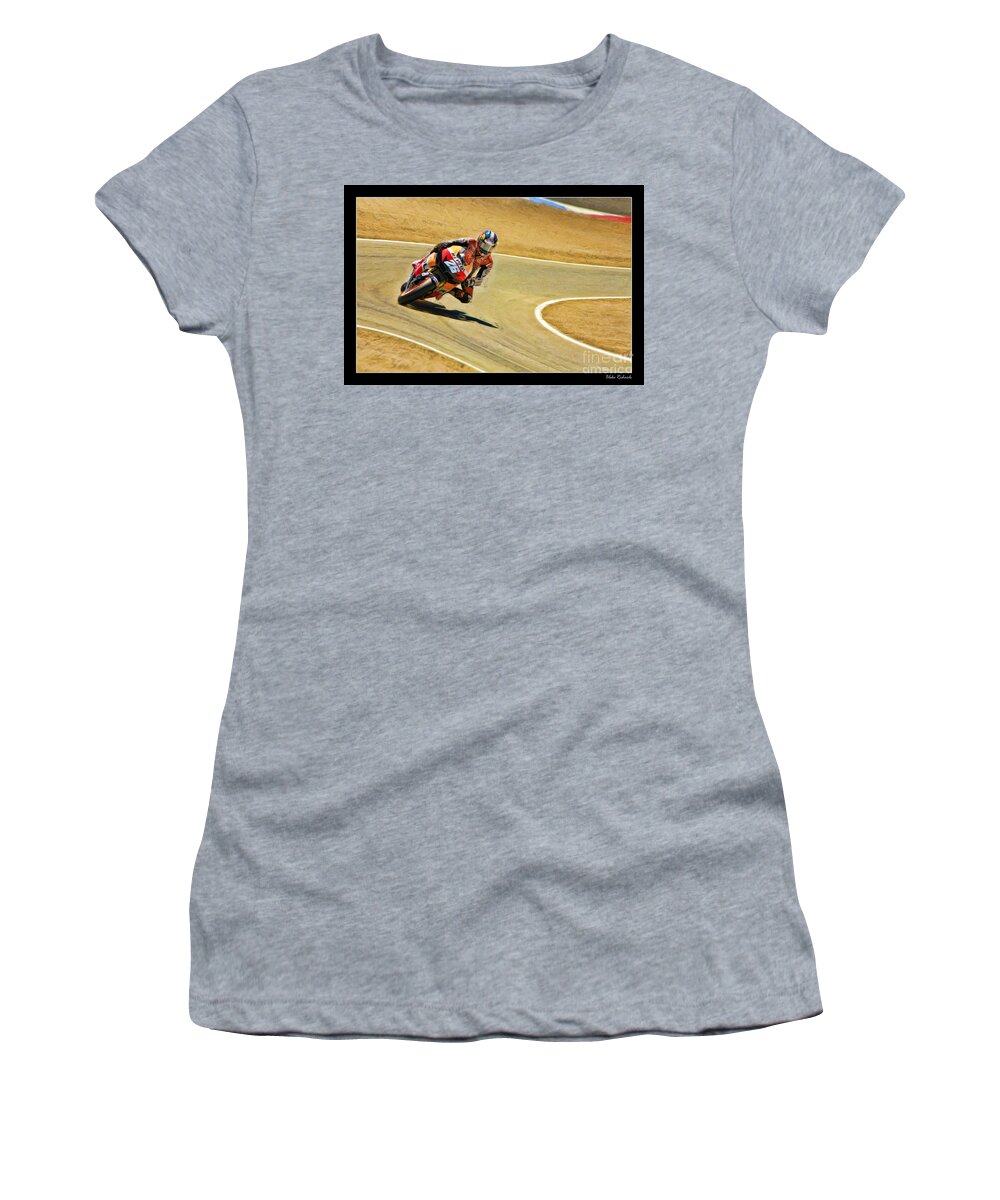 Dani Pedrosa Women's T-Shirt featuring the photograph Dani Pedrosa Running Out Of Road by Blake Richards