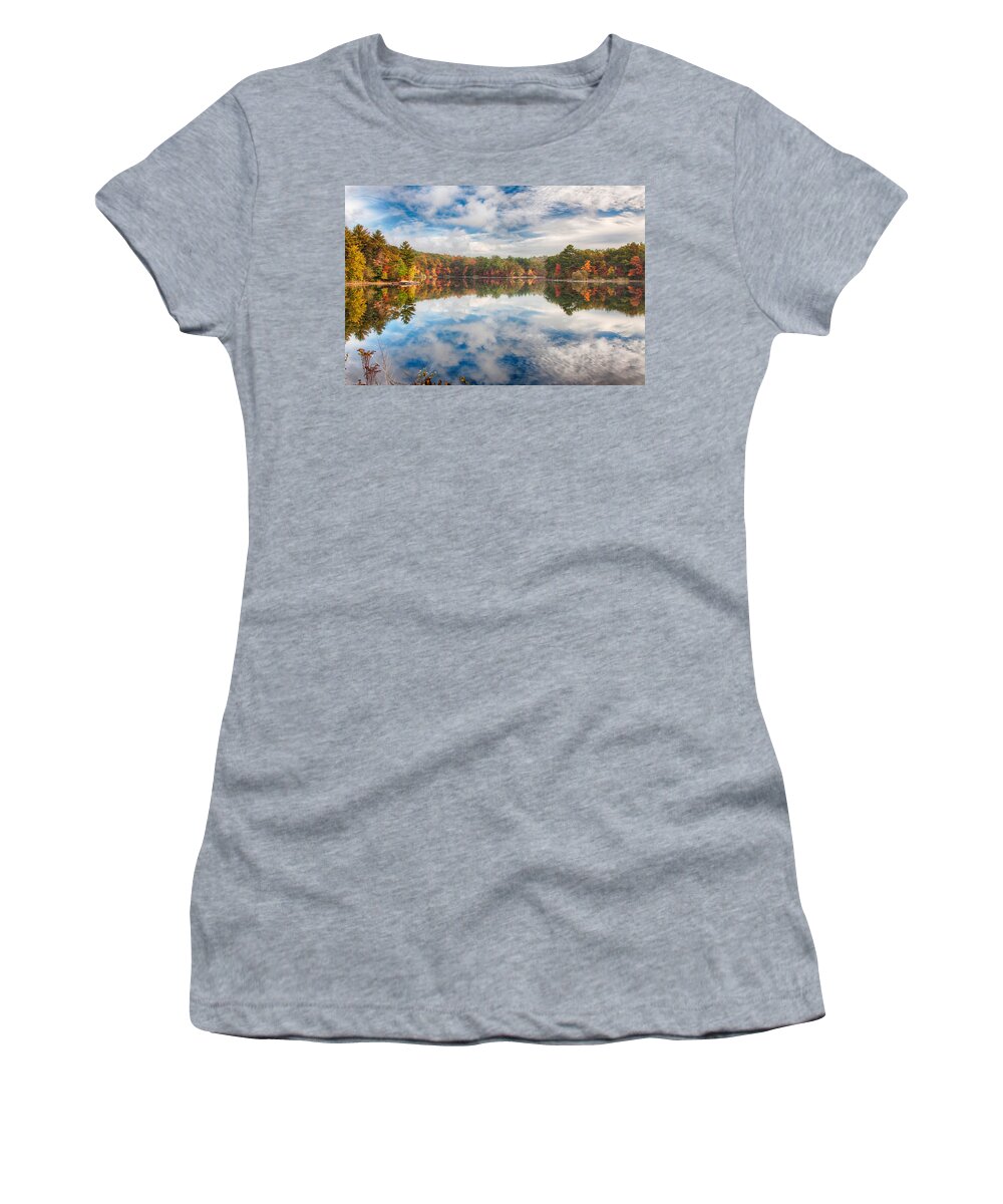 Autumn Foliage Women's T-Shirt featuring the photograph Dawn reflection of fall colors by Jeff Folger