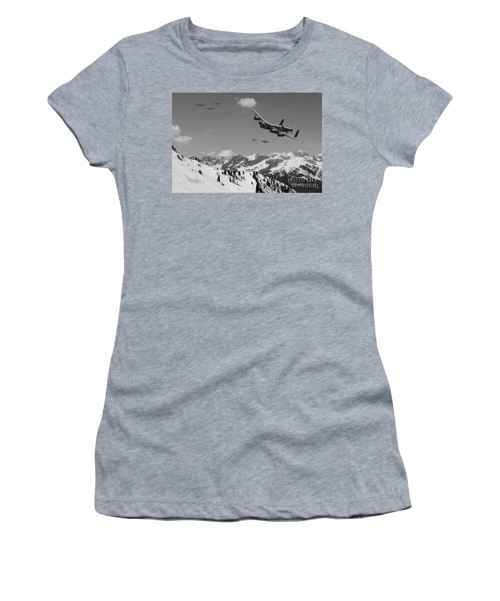 Lancaster Bomber Women's T-Shirt featuring the digital art Daylight Raid mono by Airpower Art