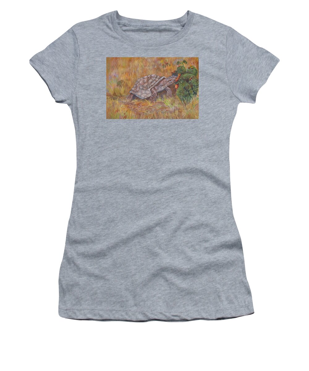 One Of The Oldest Desert Dwellers Eating Cactus. Desert Women's T-Shirt featuring the painting Desert Tortoise Eating Cactus by Charme Curtin