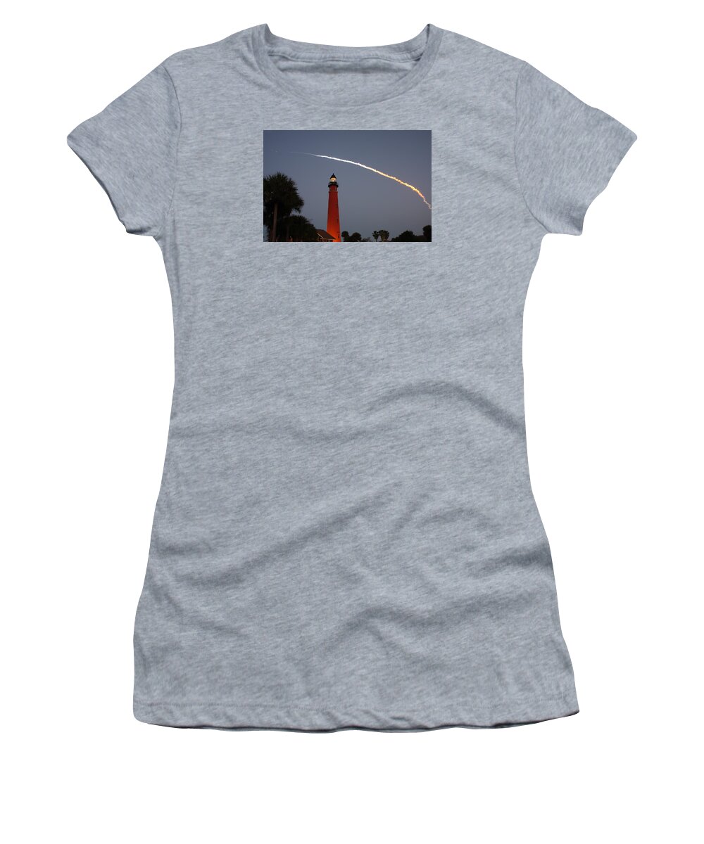 Space Women's T-Shirt featuring the photograph Discovery Booster Separation over Ponce Inlet Lighthouse by Paul Rebmann