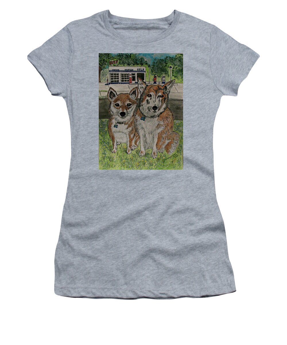 Dogs Women's T-Shirt featuring the painting Dogs in front of the Gulf Station by Kathy Marrs Chandler