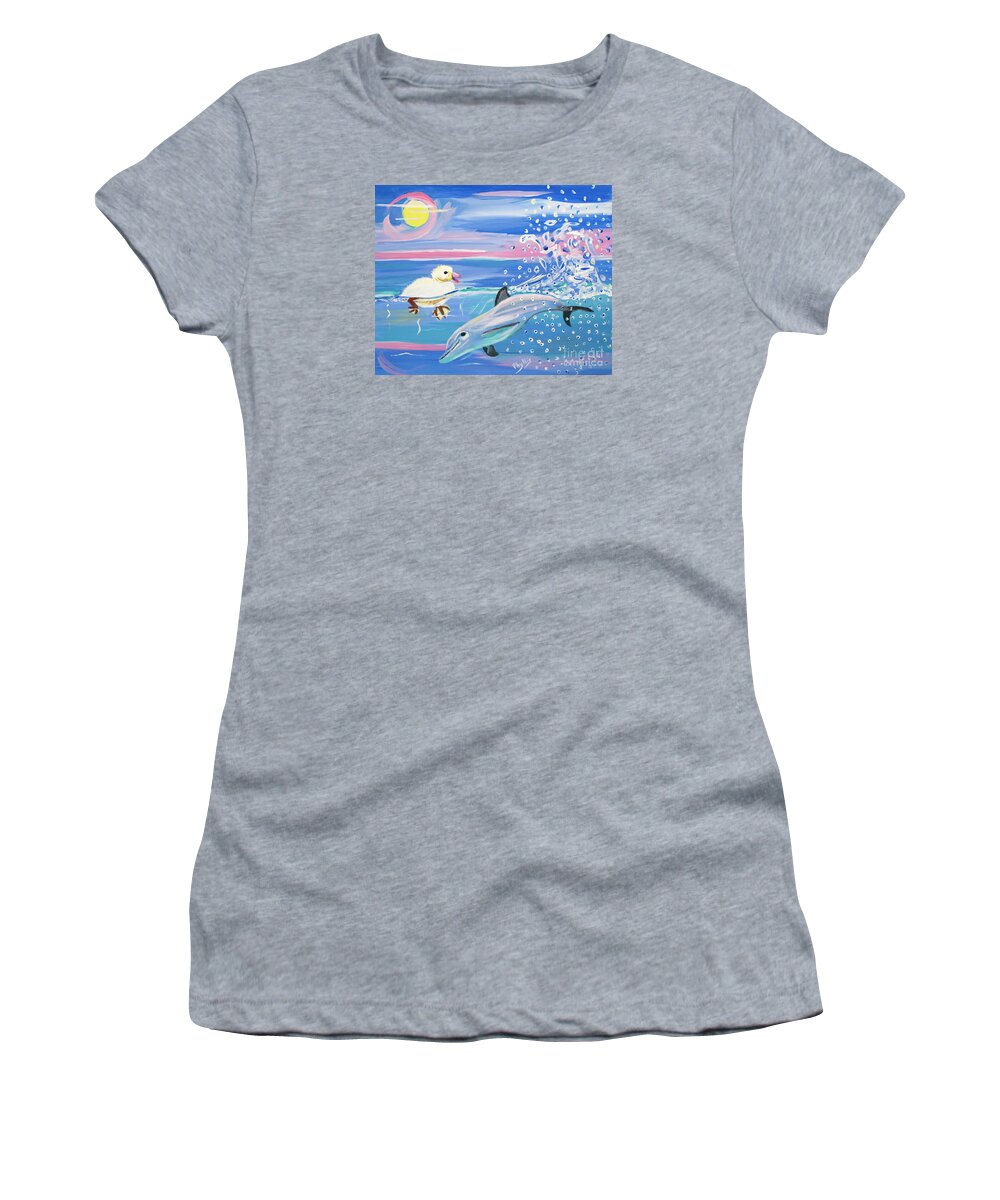 Moon Women's T-Shirt featuring the painting Dolphin Plays with Duckling Under the Moon by Phyllis Kaltenbach