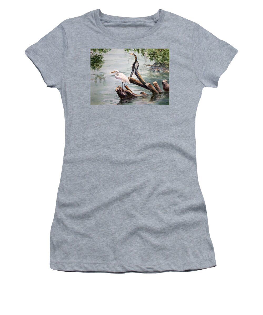 Heron Women's T-Shirt featuring the painting Double Trouble by Roxanne Tobaison