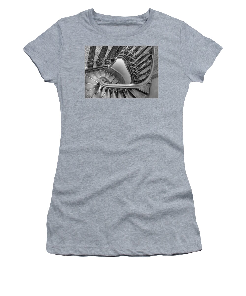 Spiral Staircase Women's T-Shirt featuring the photograph Down the Side - bw by Nikolyn McDonald